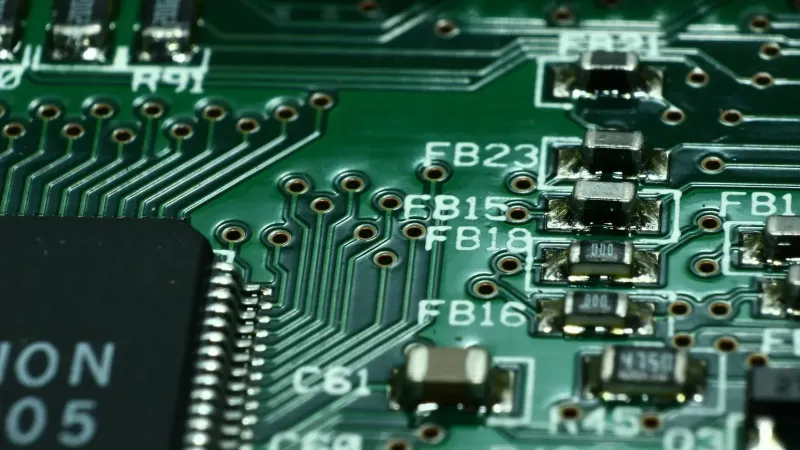 Detailed macro view of a circuit board showcasing microchips and electronic components.