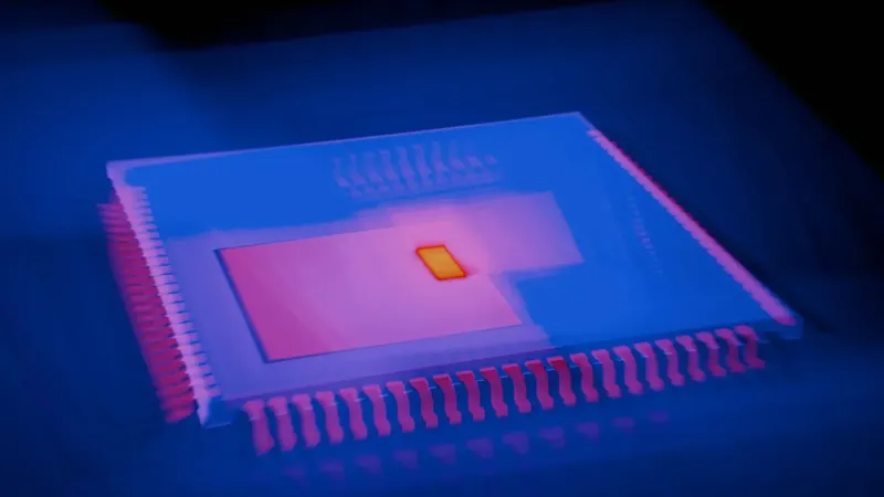 Blurred abstract image of a microchip with heatmap colors highlighting technological innovation.
