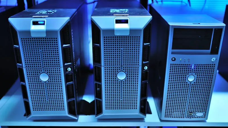 Close-up view of modern rack-mounted server units in a data center.