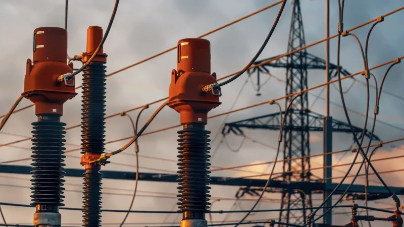 Detailed view of power transformers and lines against a sunset sky in Austria.