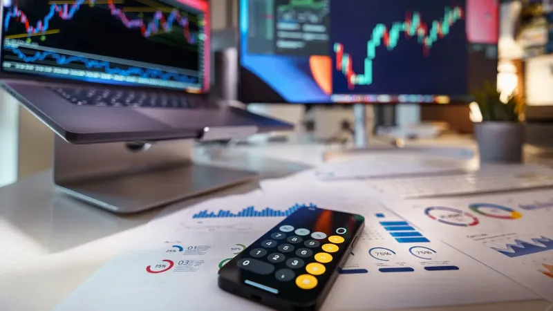 Espacio de trabajo moderno que muestra el análisis financiero con gráficos e informes digitales.