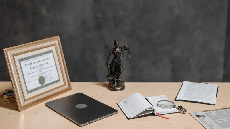 A lawyer's desk featuring a justice statue, diploma, laptop, magnifying glass, and documents.