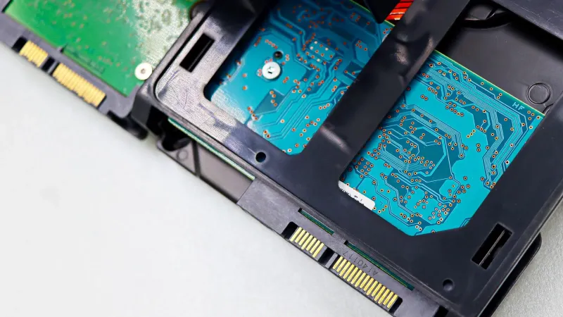 Detailed view of computer hard disk drive components, showcasing circuitry and connectors.