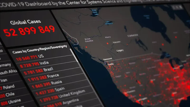 Digital monitor with World map and COVID 19 statistical data of global confirmed cases