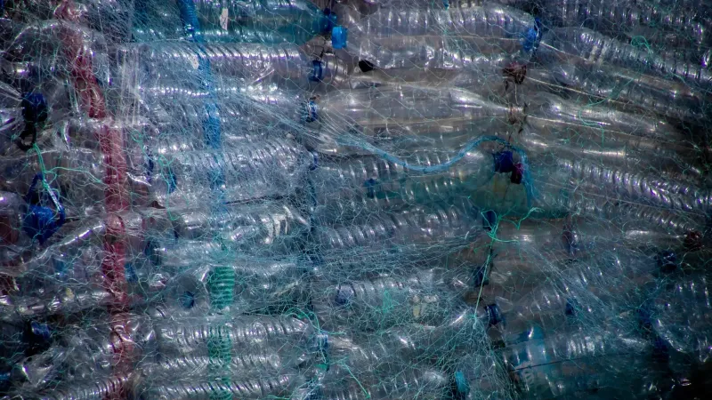 Plastic bottles tightly wrapped in netting for recycling, highlighting waste management.