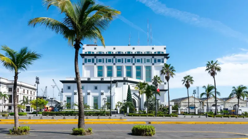 A sunny view of a government building with palm trees in Veracruz, Mexico.