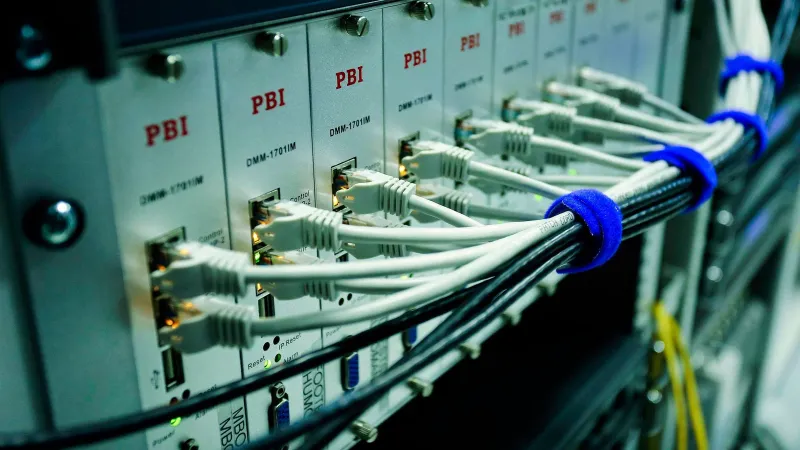 Close-up of ethernet cables connected to a network switch panel in a data center.
