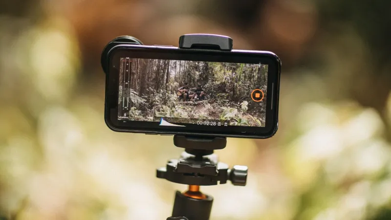 Smartphone mounted on tripod capturing nature. Ideal for vlogging and travel videos.