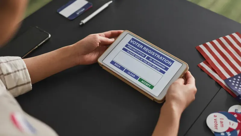 A person using a tablet for voter registration, highlighting digital voting processes.