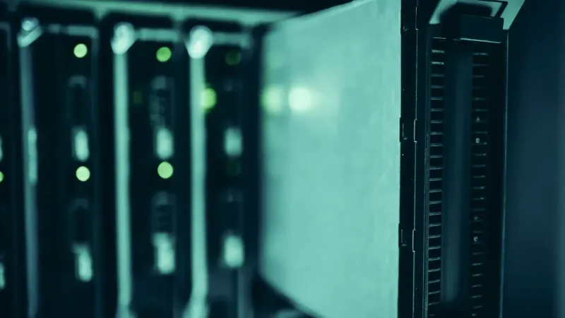 Close-up of server racks in a data center highlighting modern technology infrastructure.