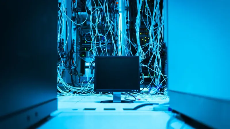 A complex network of cables in a data center with a monitor in the foreground.