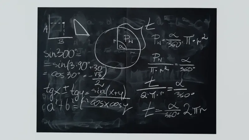 Detailed view of mathematical equations and diagrams on a blackboard.