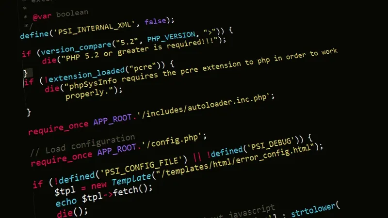 A close-up view of PHP code displayed on a computer screen, highlighting programming and development concepts.