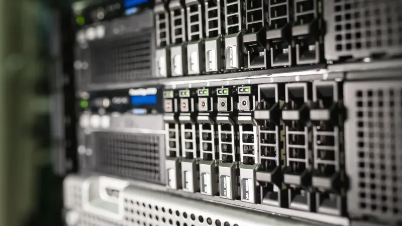 Close-up of server equipment in a modern data center highlighting technology infrastructure.