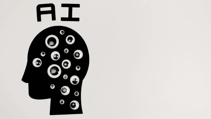 Abstract illustration of AI with silhouette head full of eyes, symbolizing observation and technology.