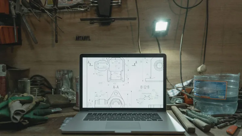 A laptop displaying blueprints on a cluttered workbench in a workshop setting.