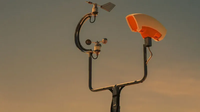Weather monitoring equipment with a sunset sky backdrop, highlighting technology and atmosphere.
