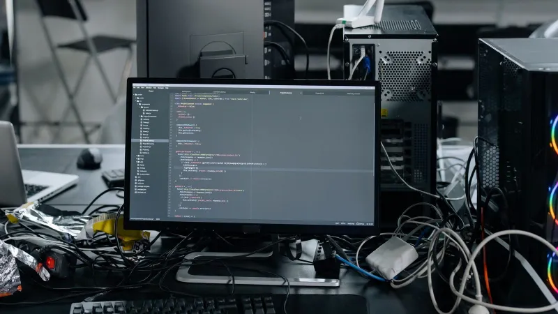 A cluttered workstation in an office featuring a monitor displaying code, surrounded by a keyboard, mouse, and wiring.