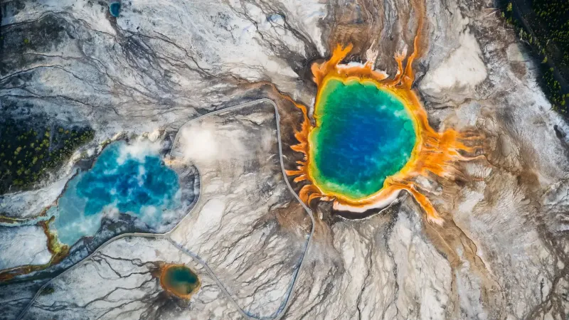Stunning aerial shot of Grand Prismatic Spring in Yellowstone National Park.