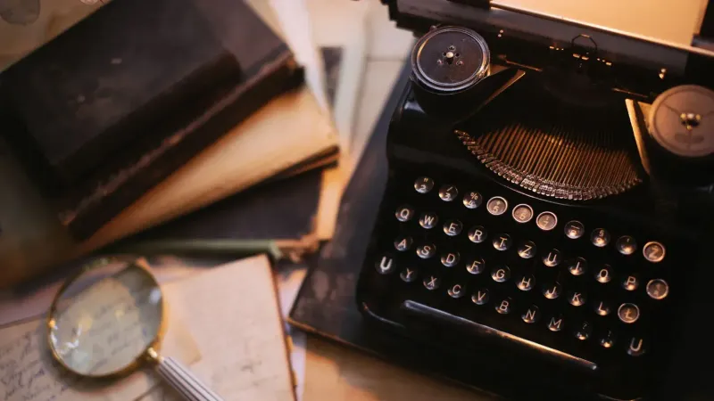 A vintage typewriter with a magnifying glass and old books on a desk, evoking nostalgia.