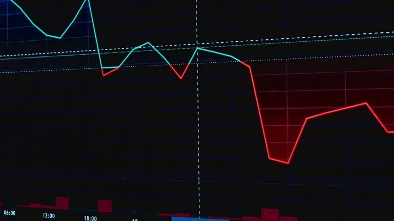 Visual representation of a fluctuating stock market chart with red and green lines.