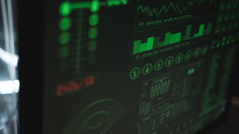 Close-up view of a computer displaying cybersecurity and data protection interfaces in green tones.
