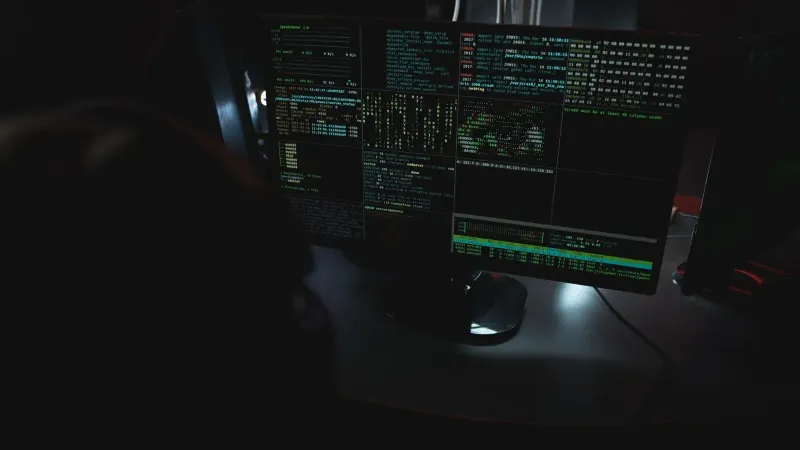 Dark room setup with code displayed on PC monitors highlighting cybersecurity themes.