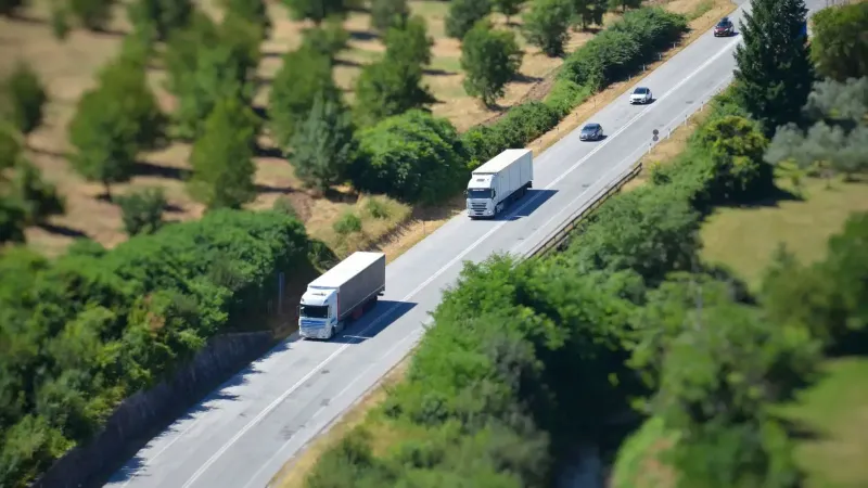 Aerial shot of a highway with trucks and cars surrounded by lush greenery.