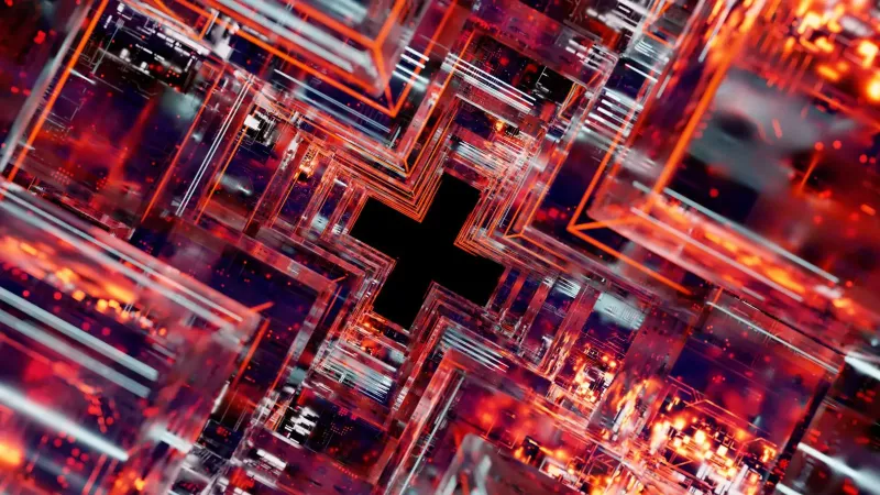 Abstract view of futuristic technology inspired circuitry in vivid colors.