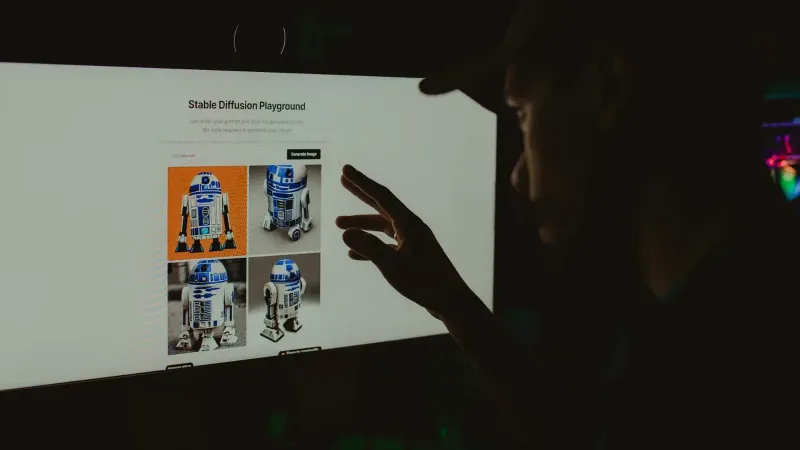 Person interacts with robot images on a screen in a dark room, highlighting technology use.