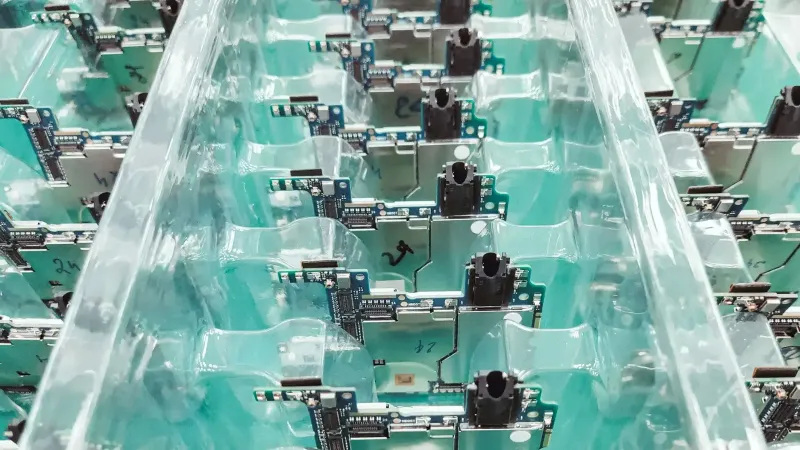 Detailed view of organized electronic circuit boards in a production setting.
