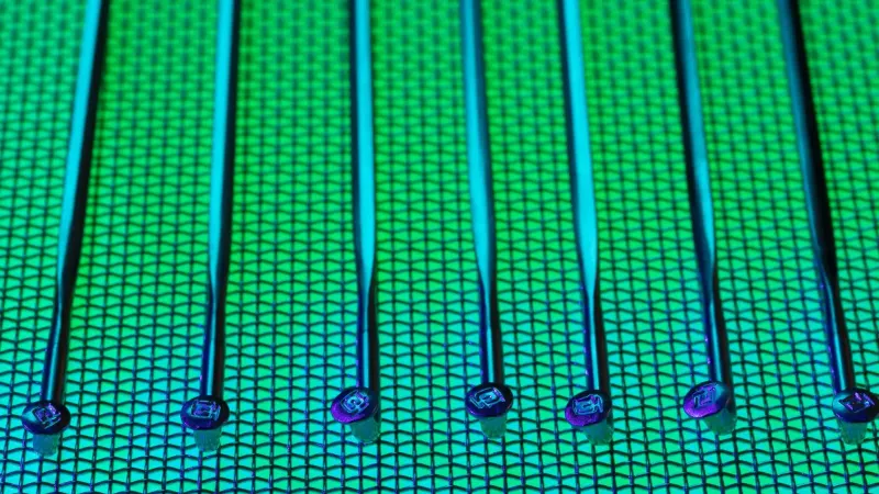 Vivid and detailed close-up of a patterned silicon wafer with vibrant green and blue colors.