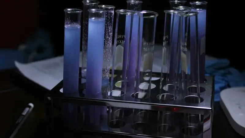 A vivid array of purple solutions in test tubes during a chemical experiment.