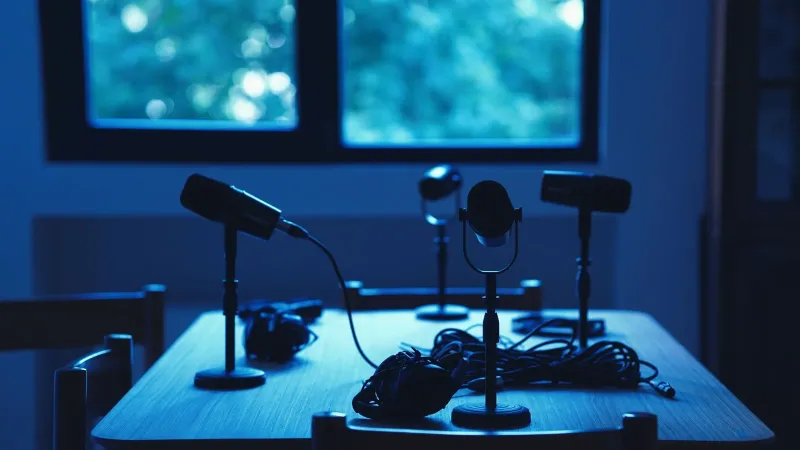 Dimly lit podcast studio with microphones and headphones on a table.