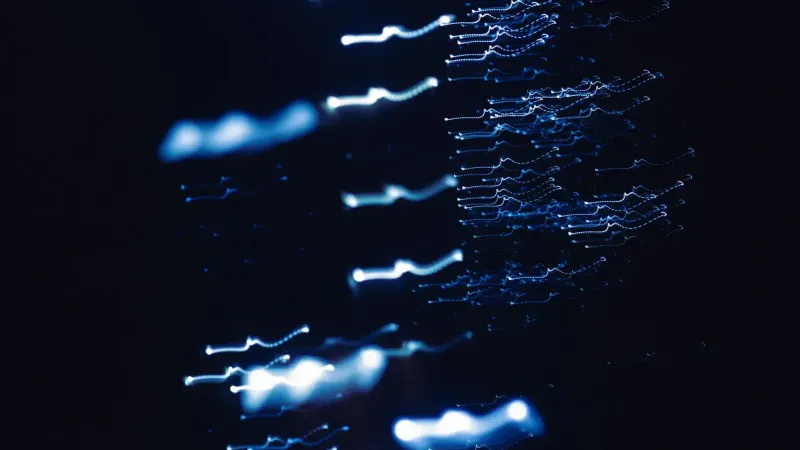 Dynamic abstract photograph of blue light patterns with a dark backdrop, creating a sense of motion and mystery.