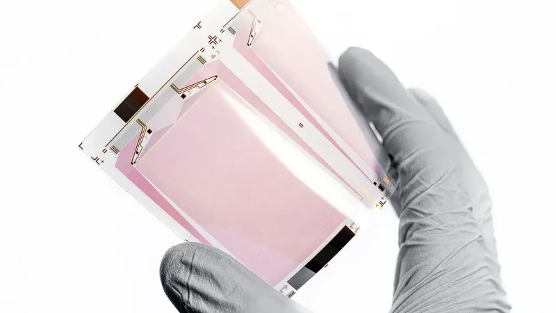Close-up of a gloved hand holding a flexible display sheet, showcasing cutting-edge technology.