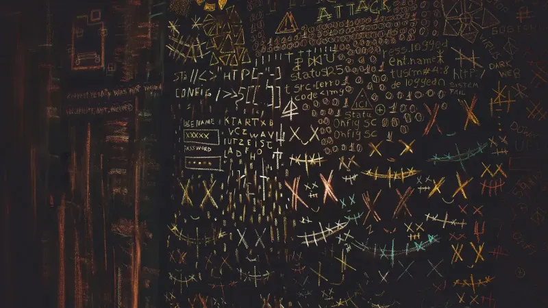 Chalkboard filled with complex cybersecurity and hacking symbols in colorful chalk.