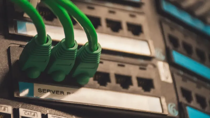 Close-up of green network cables plugged into server ports, showcasing technology setup.
