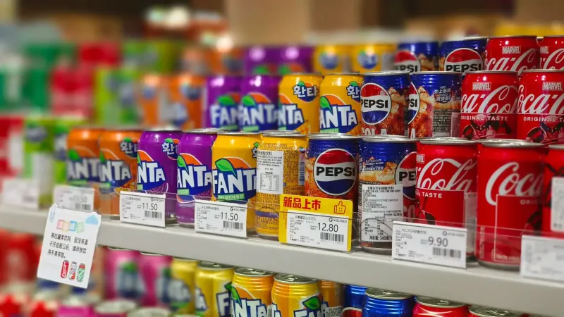 Coloridas latas de refresco que incluyen Fanta, Pepsi y Coca-Cola dispuestas en los estantes de los supermercados, etiquetas de precio visibles.