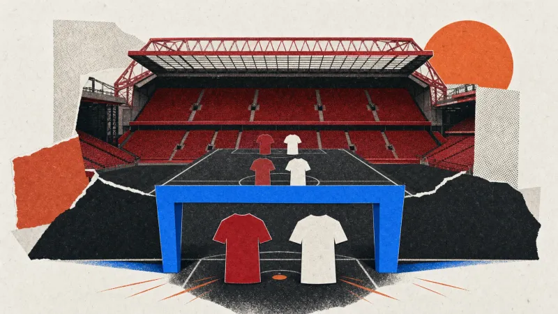Collage de un estadio rojo con tres pares de camisetas rojas y blancas y una estructura geométrica azul frente al par principal.