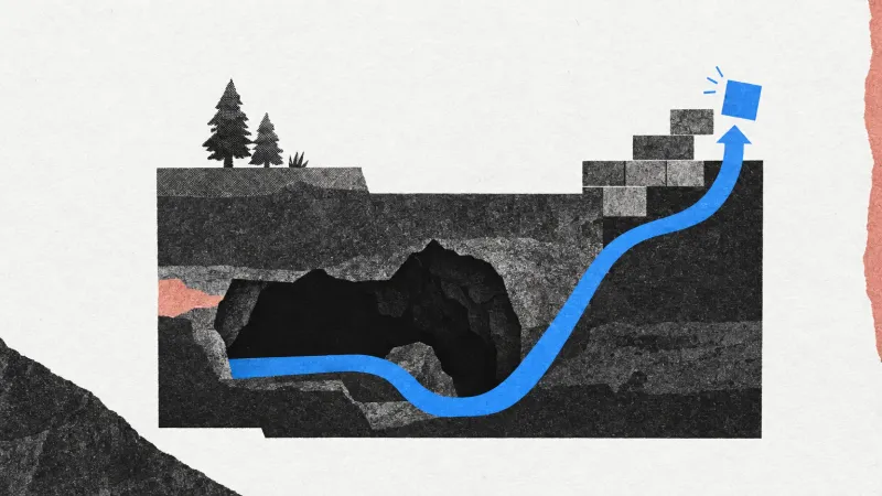 Collage de un terreno con árboles, una cueva y escalones de bloques, atravesado por una flecha azul que apunta hacia un cuadrado suspendido.