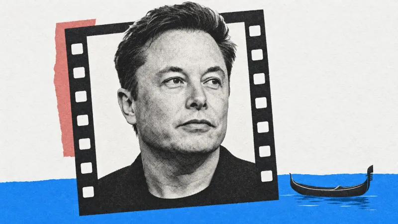 Retrato tramado de Elon Musk en un marco de película, junto a una góndola sobre una franja azul y un recorte coral.