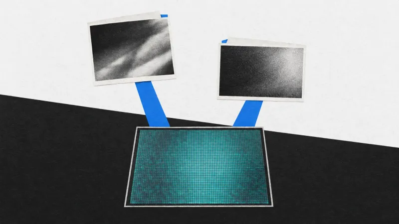 Un sensor rectangular turquesa se conecta mediante dos bandas azules con dos imágenes abstractas en blanco y negro sobre un fondo de papel claro y carbón.