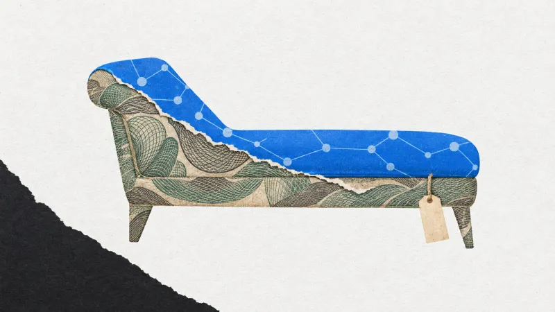 Diván vacío con tramas verdes de grabado, una capa azul rasgada con nodos conectados y una etiqueta sin texto sobre fondo de papel.