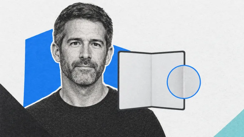 Retrato masculino en semitono junto a una pantalla plegable esquemática y un círculo azul que amplía una línea vertical tenue.