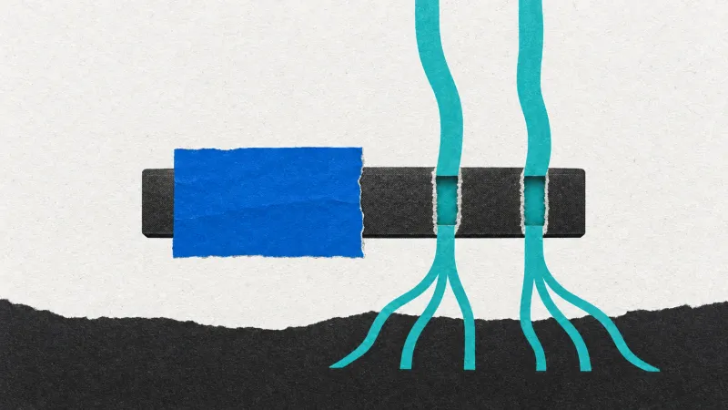 Un rectángulo horizontal oscuro lleva un recorte azul a la izquierda y dos aberturas atravesadas por bandas turquesas que se ramifican hacia abajo.
