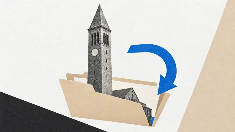 Collage de una torre universitaria en blanco y negro dentro de una carpeta beige abierta, acompañada por una flecha azul curva.