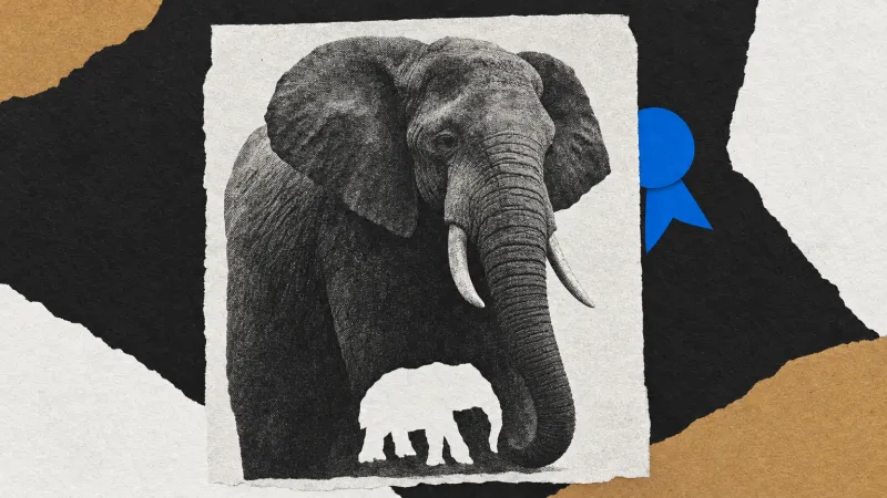 Collage de una elefanta en blanco y negro con una silueta blanca de cría junto a la trompa y una cinta azul sobre papeles rasgados.