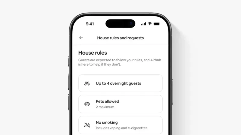 A partial phone screen shows house rules that allow up to 4 overnight guests and 2 pets—but no smoking