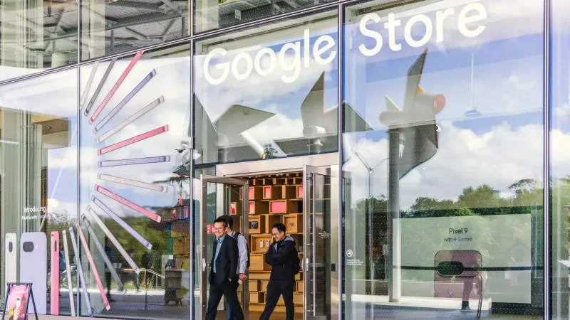 Bright and modern Google Store entrance with clear glass facade in Mountain View, California.